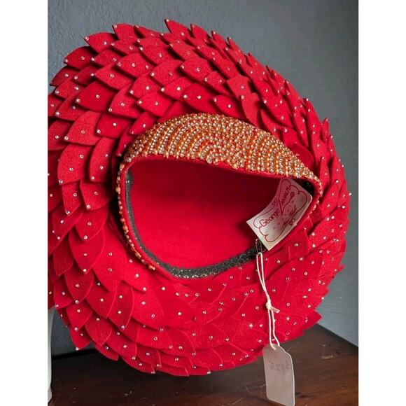 Vtg George Zamaul Couture Glamour Hat Red Rhinestone African Nigerian Beaded main image 7